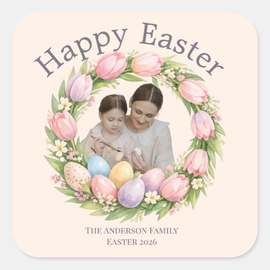 Floral Wreath & Family Photo Personalized Easter  スクエアシール (正面)