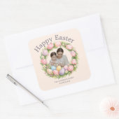 Floral Wreath & Family Photo Personalized Easter  スクエアシール (封筒)