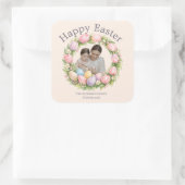 Floral Wreath & Family Photo Personalized Easter  スクエアシール (バッグ)