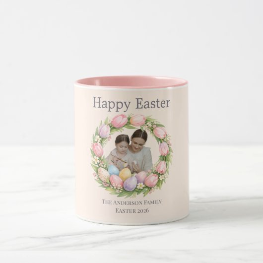 Floral Wreath & Family Photo Personalized Easter マグカップ (中央)