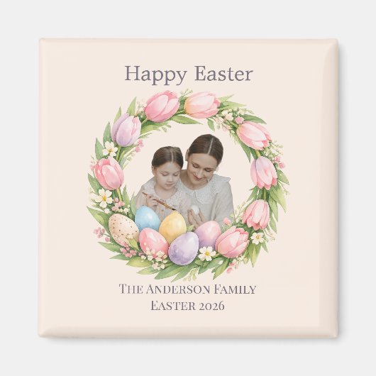 Floral Wreath & Family Photo Personalized Easter マグネット (正面)