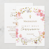 floral wreath First Holy Communion  招待状 (正面/裏面)