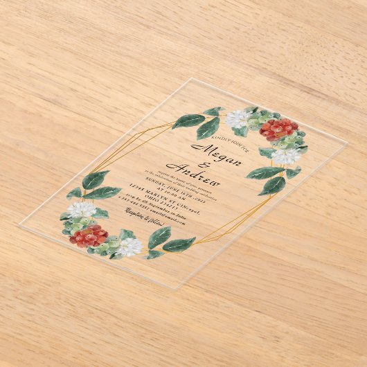 Floral Wreath & Geometric Frame Wedding Acrylic アクリル招待状 (レイダウン)