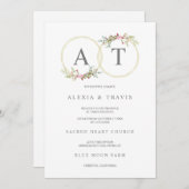 Floral Wreath in Gold & Pink Shades with Initials 招待状 (正面/裏面)