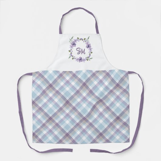 Floral Wreath Monogram Plaid Apron - Personalized  エプロン (正面)