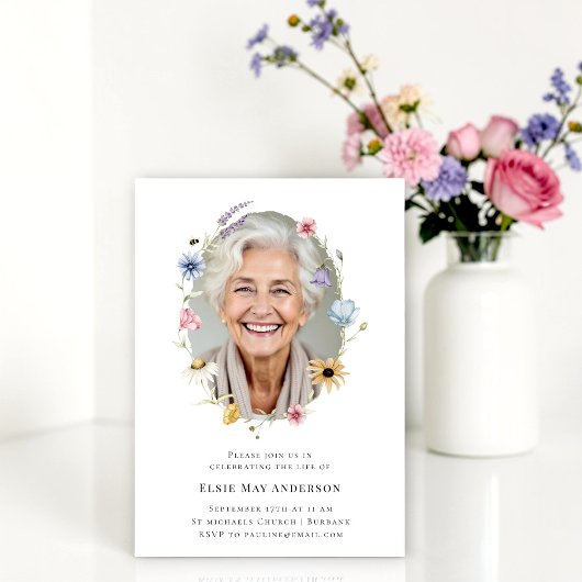 Floral Wreath Photo Funeral Announcement 招待状