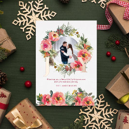 Floral Wreath Red Joy Botanical Christmas Photo  箔シーズンカード