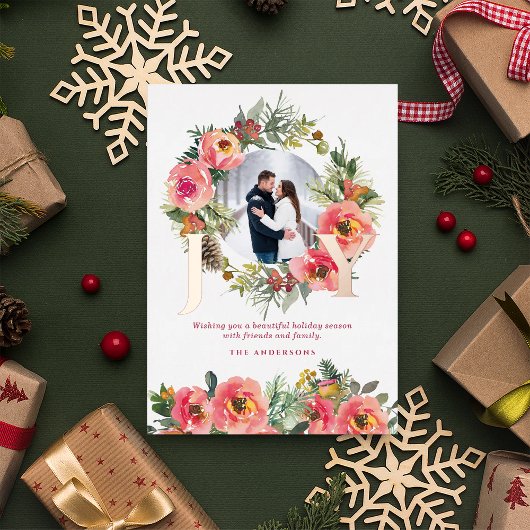 Floral Wreath Red Joy Botanical Christmas Photo  箔シーズンカード