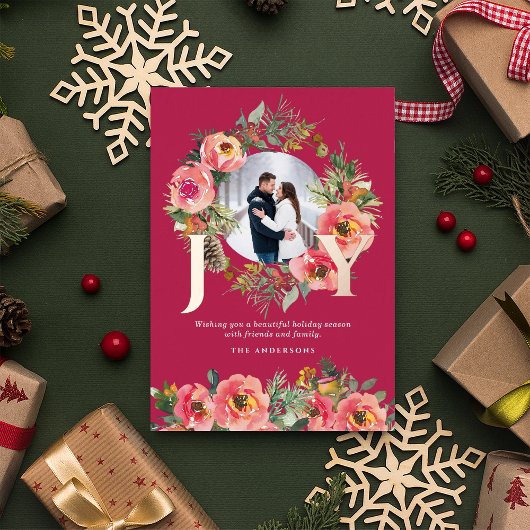 Floral Wreath Red Joy Botanical Christmas Photo  箔シーズンカード