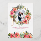 Floral Wreath Red Joy Botanical Christmas Photo  箔シーズンカード (正面)