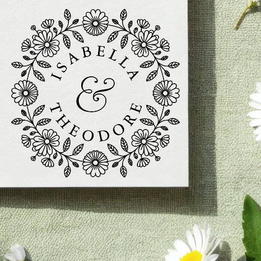 Floral Wreath Wooden Couple's Name Stamp ラバースタンプ