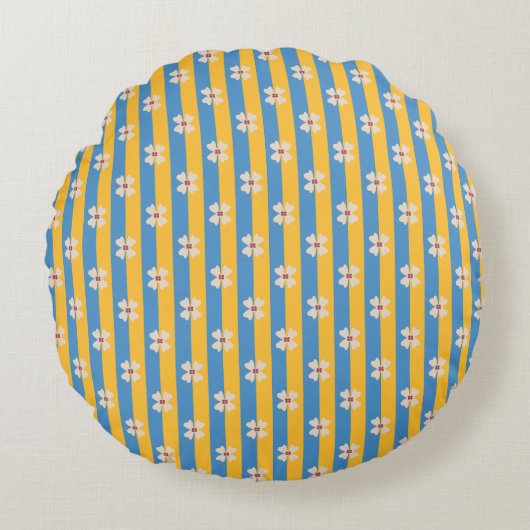 Floral Yellow and Aqua Striped Round Pillow ラウンドクッション (正面)