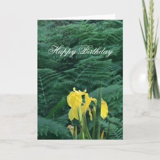 Floral Yellow Iris and Fern "Happy Birthday" カード