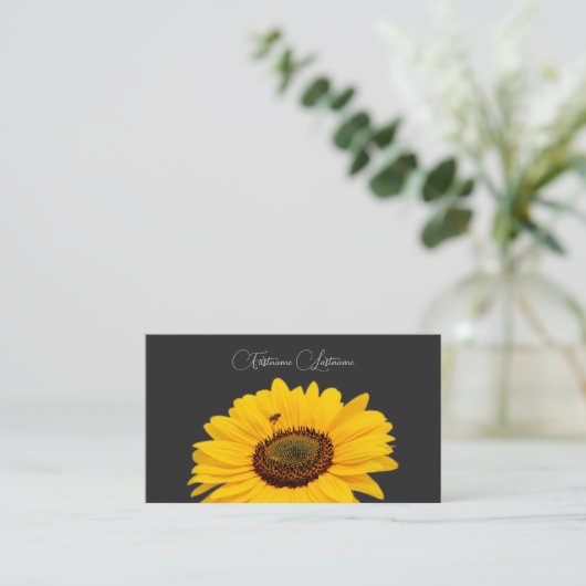 Floral yellow sunflower bee calligraphy dark gray 名刺 (スタンド正面)