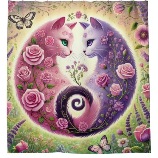 Floral Yin Yang Cats Illustration シャワーカーテン (正面)
