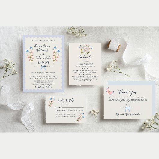 Florals Blue Romantic Garden Wedding 招待状