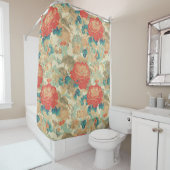 Florals Teal, Peach, Teal with Ornates シャワーカーテン (インサイチュ)