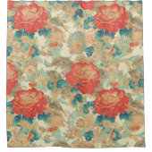Florals Teal, Peach, Teal with Ornates シャワーカーテン (正面)