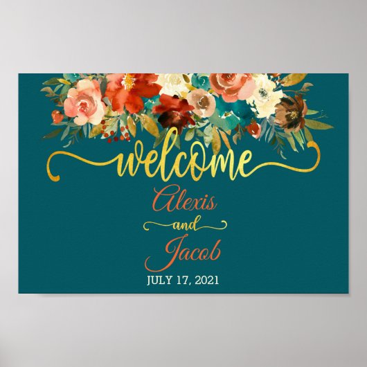 FloralWedding Welcome Sign - Teal & Orange Wedding ポスター (正面)
