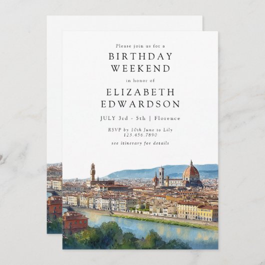 Florence Skyline Watercolor Birthday Weekend 招待状 (正面/裏面)
