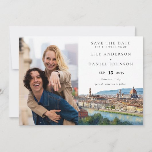 Florence Skyline Watercolor Photo Wedding セーブザデート (正面)