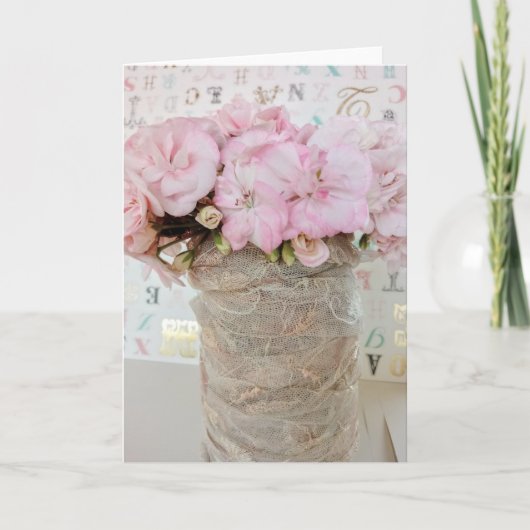 Flores geranio rosa en bote de cristal con encaje カード (正面)