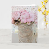 Flores geranio rosa en bote de cristal con encaje カード (黄色い花)