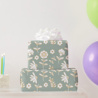 flores ocres en fondo verde aesthetic ラッピングペーパー