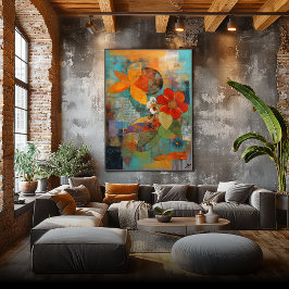 Flores y Collage: Arte Abstracto de Colores Cálido フォトプリント