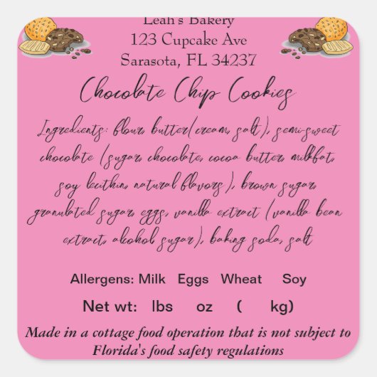 FLORIDAコテージ食品法ステッカー/ラベルホームベイカー スクエアシール (正面)