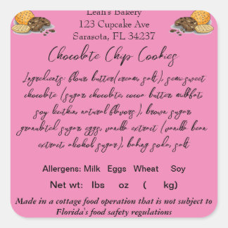 FLORIDAコテージ食品法ステッカー/ラベルホームベイカー スクエアシール