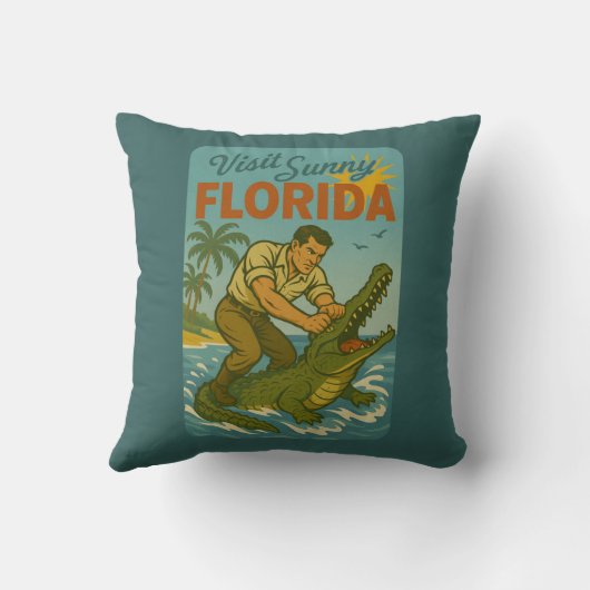 Florida Alligator Wrestling | Funny Retro Coastal クッション (裏面)