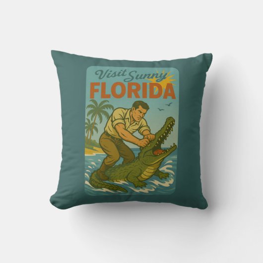 Florida Alligator Wrestling | Funny Retro Coastal クッション (正面)