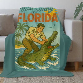 Florida Alligator Wrestling | Funny Retro Coastal フリースブランケット
