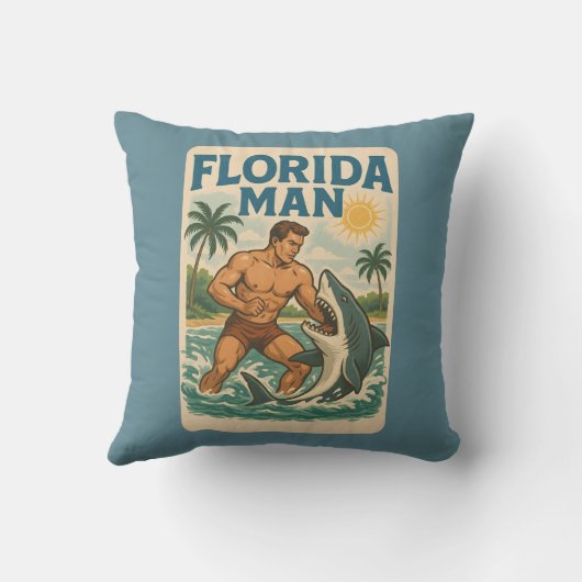 Florida Man Coastal Shark Wrestler - Retro Beach クッション (裏面)
