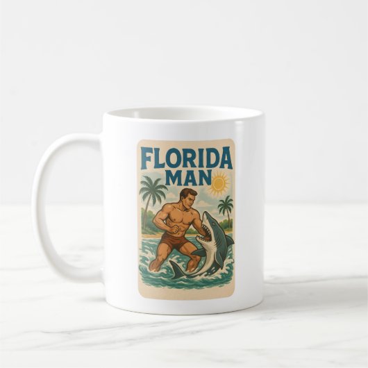 Florida Man Coastal Shark Wrestler - Retro Beach コーヒーマグカップ (左)