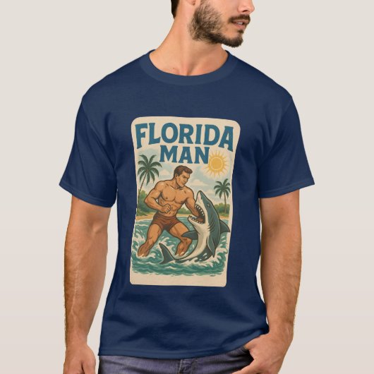 Florida Man Coastal Shark Wrestler - Retro Beach Tシャツ (正面)