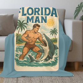 Florida Man Shark Wrestler Funny Retro Beach Life フリースブランケット
