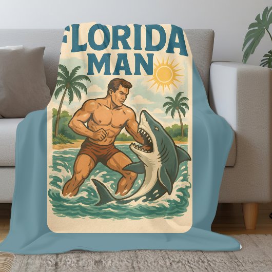 Florida Man Shark Wrestler Funny Retro Beach Life フリースブランケット