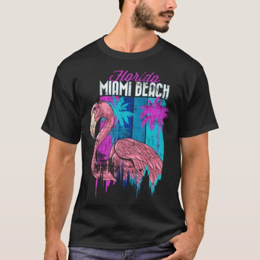 Florida Miami Beach Retro Flamingo Palm Trees Vapo Tシャツ (正面)