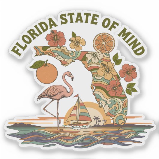 Florida State of Mind Retro Flamingo Sailboat Gift シール (正面)
