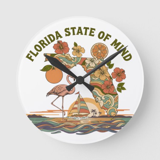 Florida State of Mind Retro Flamingo Sailboat Gift ラウンド壁時計 (正面)