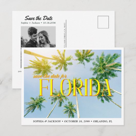 Florida Wedding Save the Date Palm Tree Retro ポストカード (正面/裏面)
