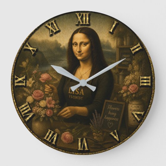 Florist Funny Mona Lisa Flower Shop Gift ラージ壁時計 (正面)