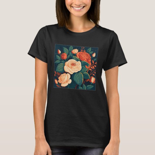 Florist Roses Pattern Illustration Flowers Leaf Wo Tシャツ (正面)