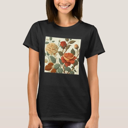 Florist Roses Pattern Illustration Flowers Leaf Wo Tシャツ (正面)