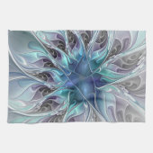 Flourish Abstract Modern Fractal Flower With Blue キッチンタオル (横)