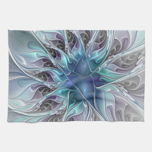 Flourish Abstract Modern Fractal Flower With Blue キッチンタオル (横)