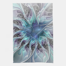 Flourish Abstract Modern Fractal Flower With Blue キッチンタオル