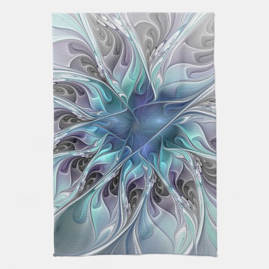 Flourish Abstract Modern Fractal Flower With Blue キッチンタオル (縦)
